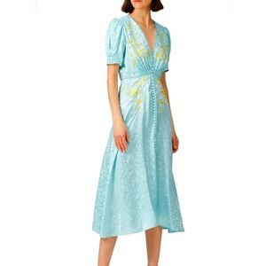 Saloni Blue Lea Dress Silk Embroidered Midi Size 4 Rent the Runway Flaws Read
